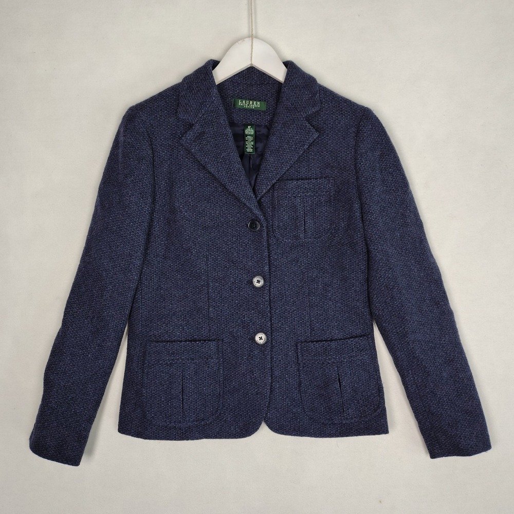 Lauren Ralph Lauren Petite Navy Blue Wool Tweed Blazer Jacket 8P